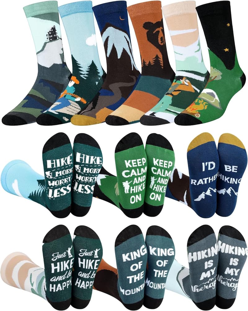 Funny Hiking Socks for Men - 6 Pairs Cotton Crew Gift