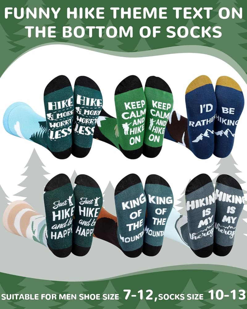 Funny Hiking Socks for Men - 6 Pairs Cotton Crew Gift