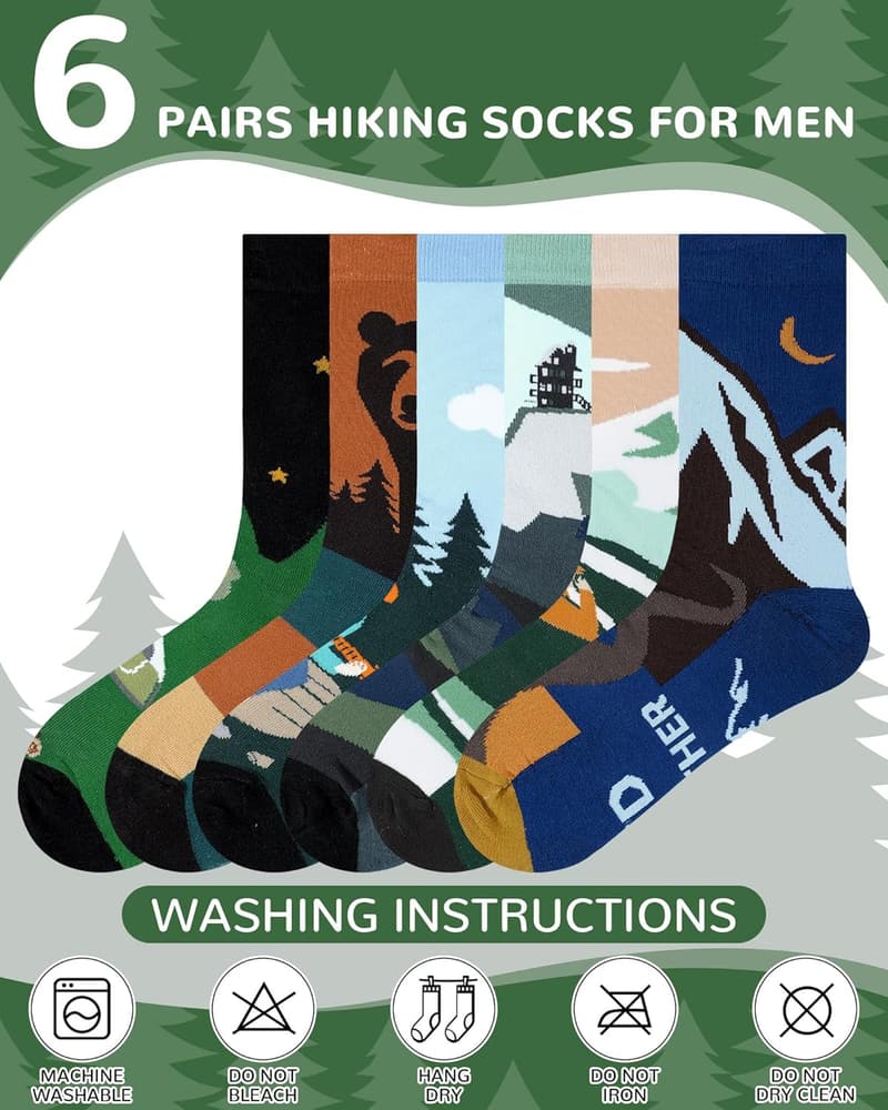 Funny Hiking Socks for Men - 6 Pairs Cotton Crew Gift