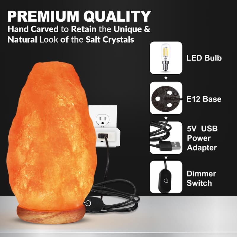 USB Himalayan Salt Lamp with Touch Dimmer & Wooden Base