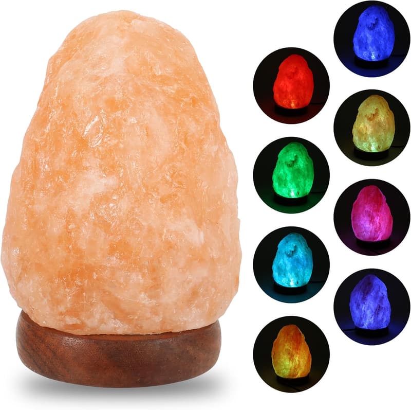 Natural Salt Rock Night Lamp with Color Changing, Premium Wood Base