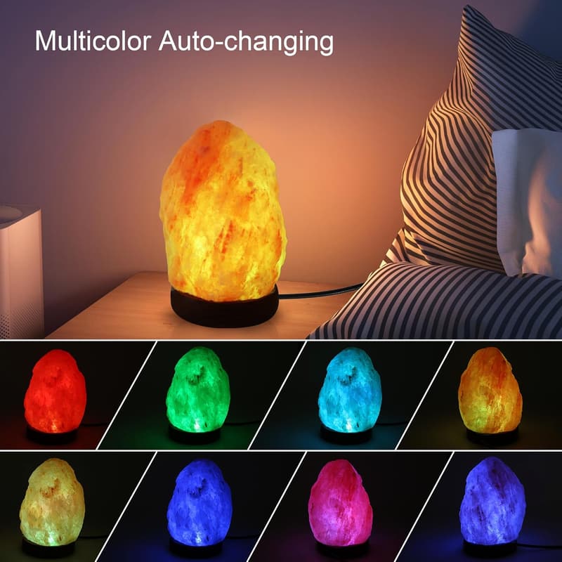 Natural Salt Rock Night Lamp with Color Changing, Premium Wood Base