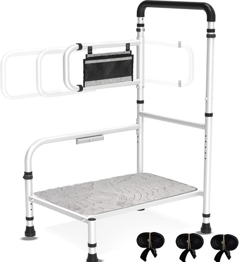 Adjustable Bed Step Stool with Anti-Fall Armrest and USB Light