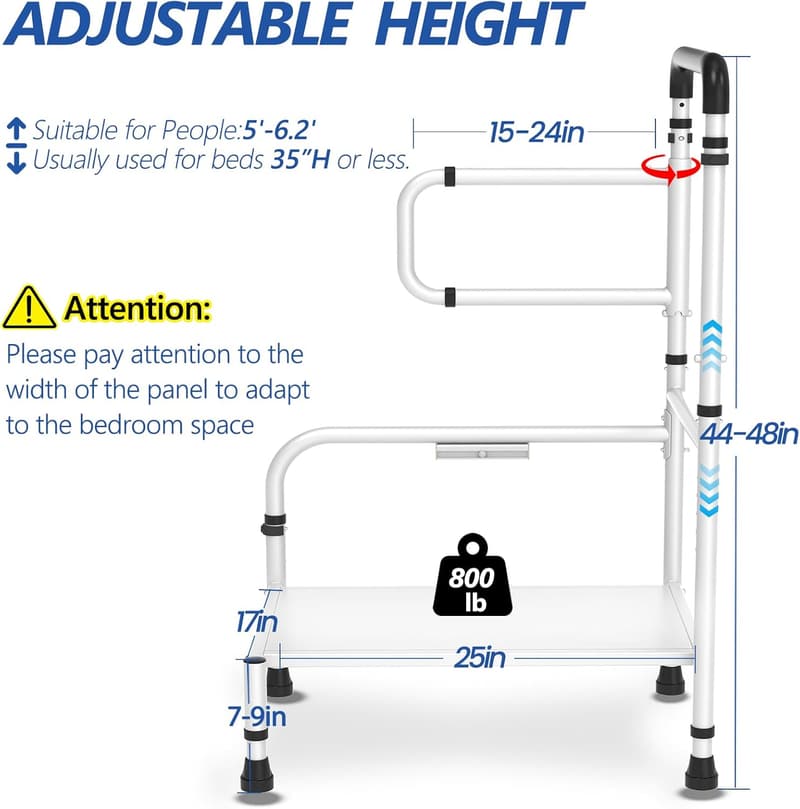 Adjustable Bed Step Stool with Anti-Fall Armrest and USB Light
