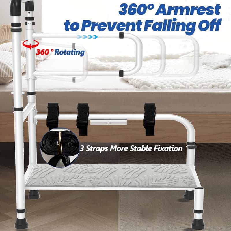Adjustable Bed Step Stool with Anti-Fall Armrest and USB Light