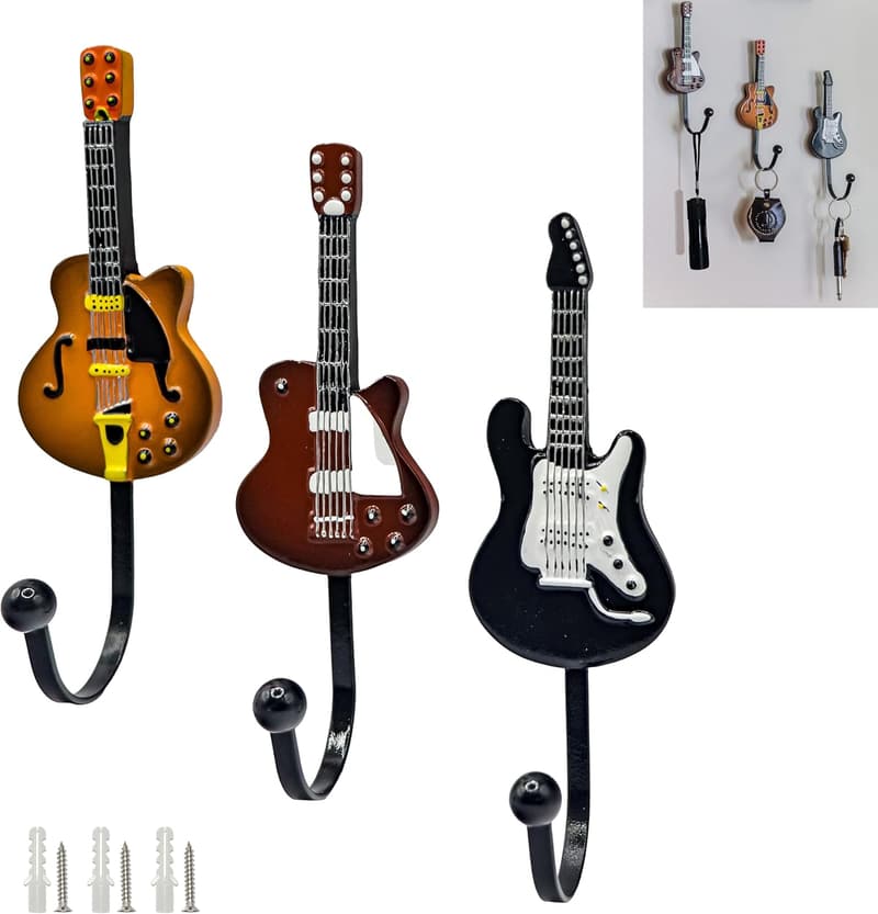 Vintage Guitar Shaped Coat Hooks - 3 Pack for Music Lovers