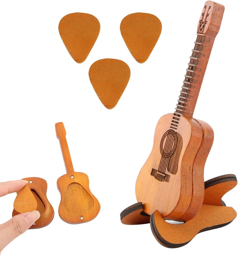 Guitar Pick Box Holder with 3 Wooden Picks - Gift for Ukulele Lovers