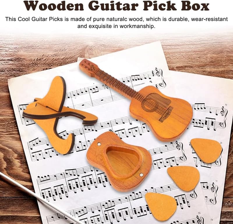Guitar Pick Box Holder with 3 Wooden Picks - Gift for Ukulele Lovers