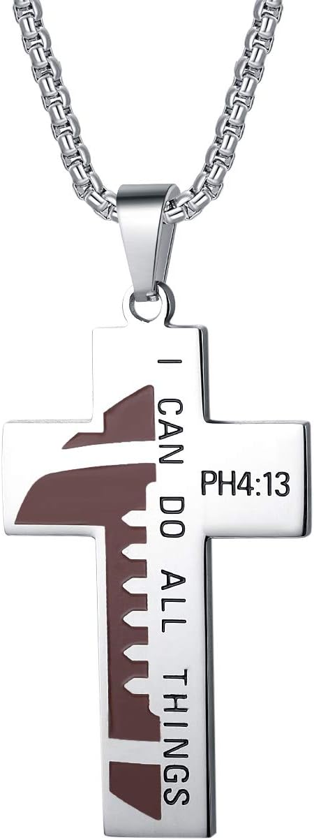 Men's Stainless Steel Football Cross Necklace with Bible Verse