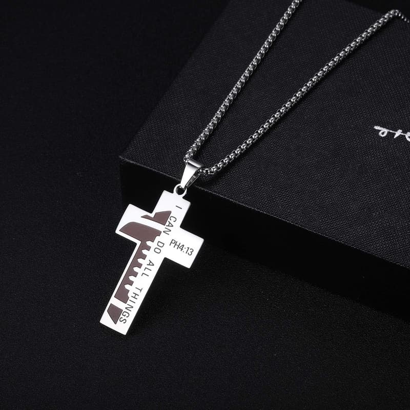 Men's Stainless Steel Football Cross Necklace with Bible Verse