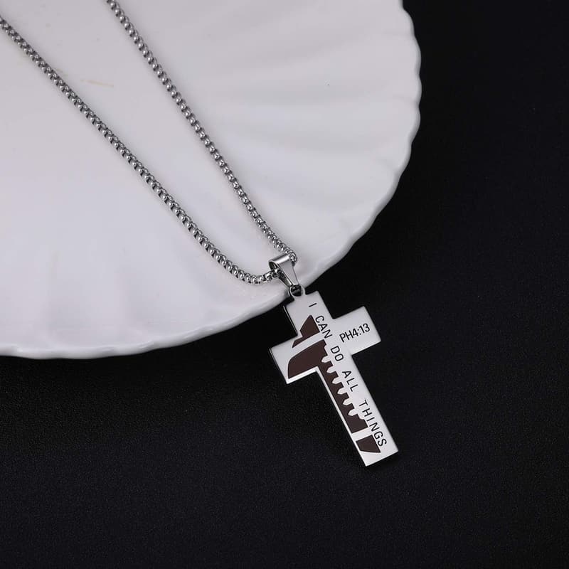 Men's Stainless Steel Football Cross Necklace with Bible Verse