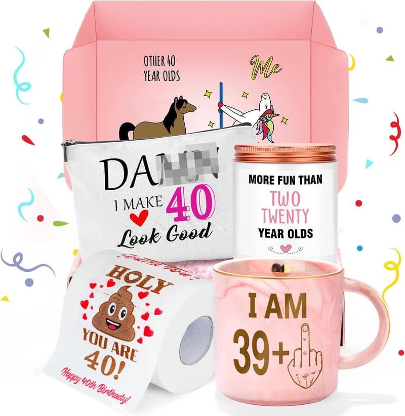 Funny 40th Birthday Gift Set for Women - Mug, Card, Makeup Bag