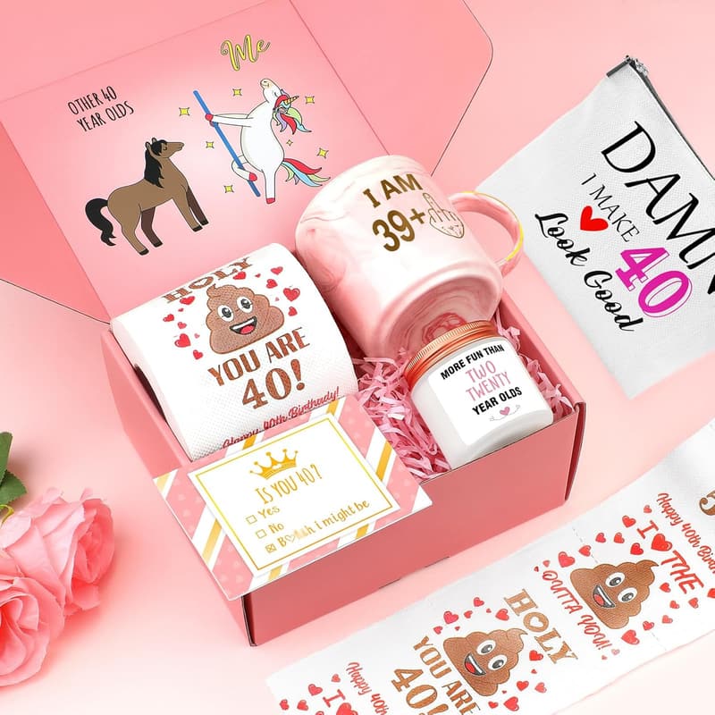 Funny 40th Birthday Gift Set for Women - Mug, Card, Makeup Bag