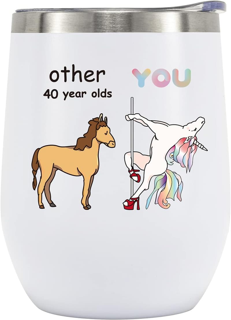 40th Birthday Funny Unicorn Wine Tumbler for Women, 12 oz
