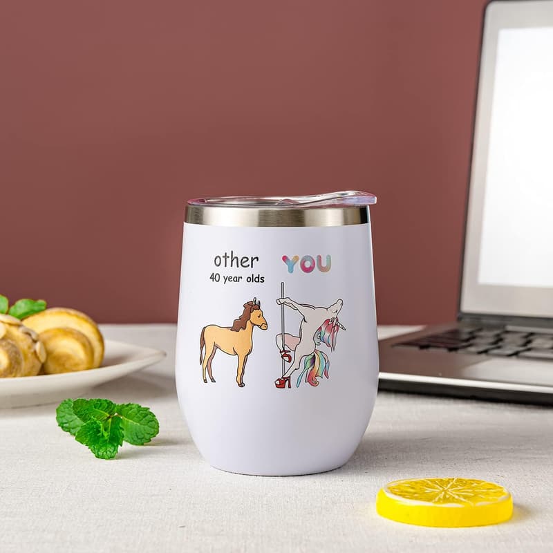 40th Birthday Funny Unicorn Wine Tumbler for Women, 12 oz