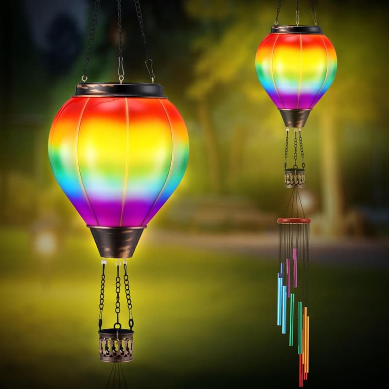 Solar Lantern Hot Air Balloon Wind Chimes - Outdoor Garden Gift