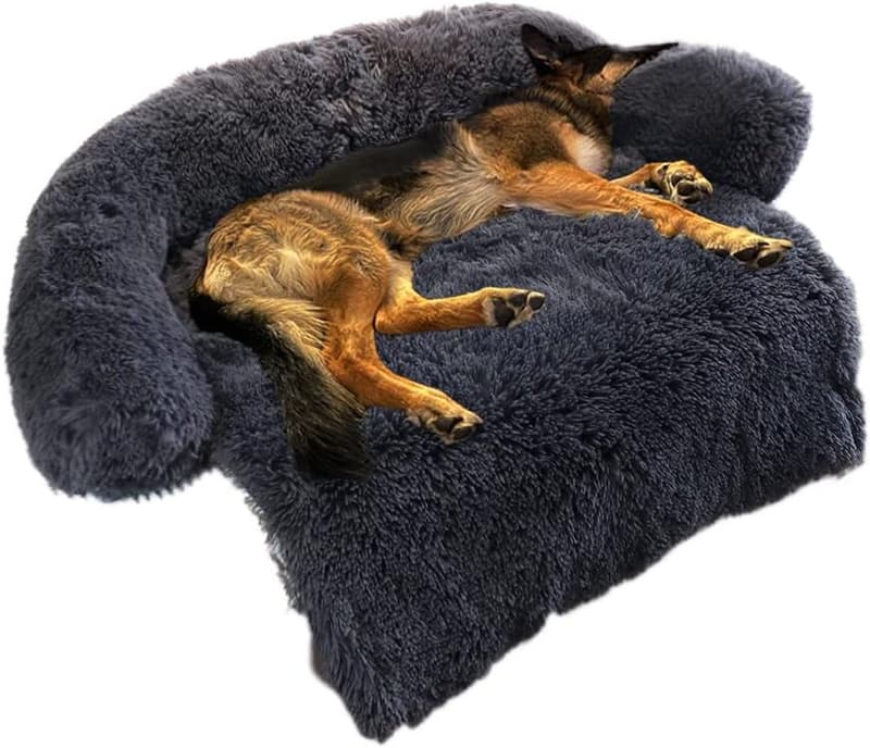Fluffy Plush Dog Bed with Washable Cover for Pets - Large Dark Grey