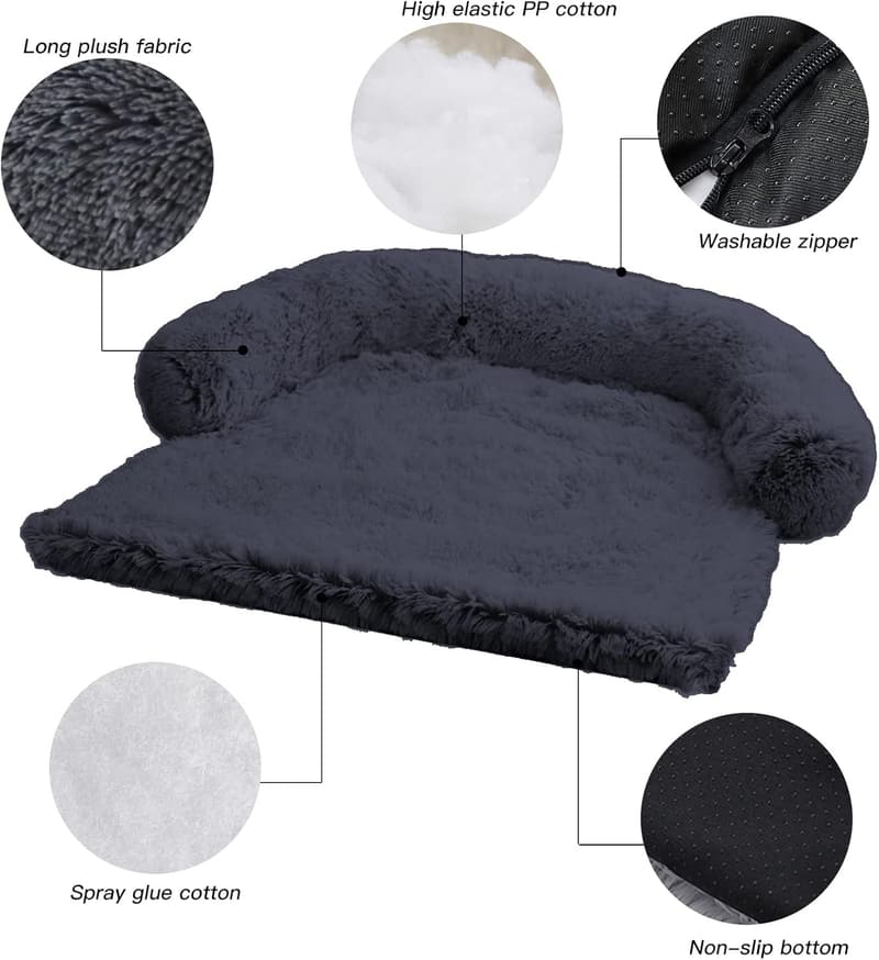 Fluffy Plush Dog Bed with Washable Cover for Pets - Large Dark Grey