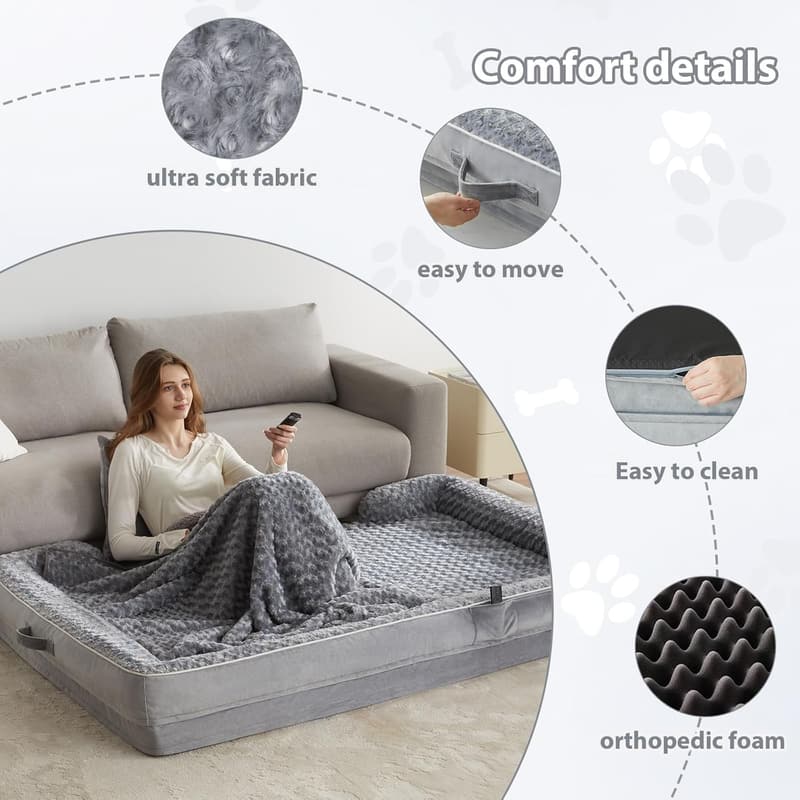 Calming Washable Faux Fur Dog Bed for Adults - Grey