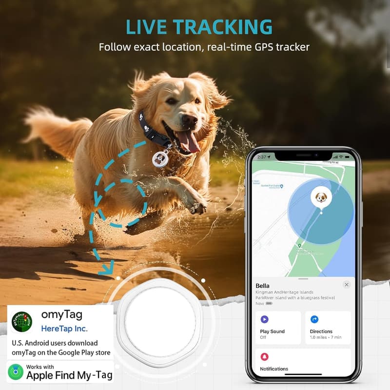 GPS Dog Collar Tracker - Airtag Compatible, No Monthly Fee