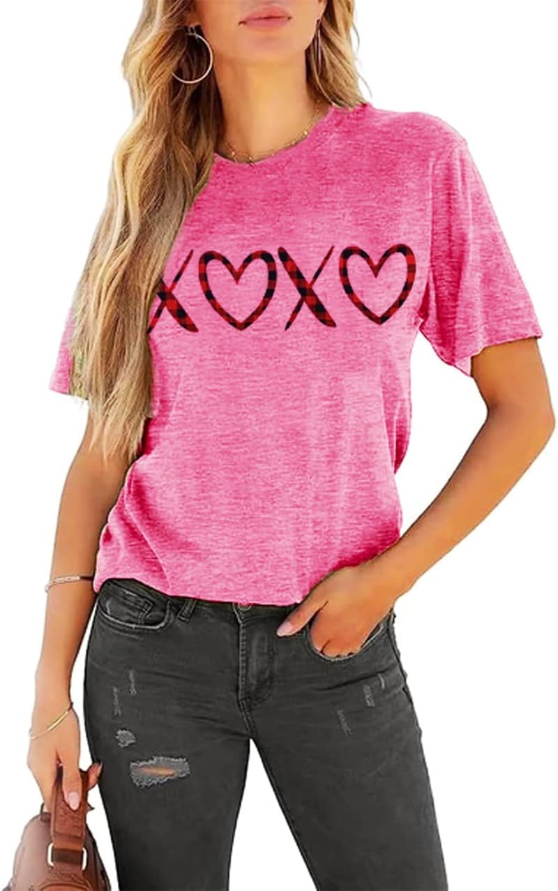 XOXO Love Heart Buffalo Plaid Graphic T-Shirt for Women