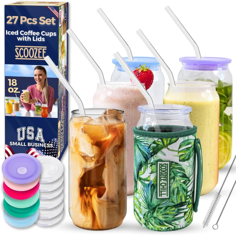 27-Pc Glass Cup Set with Lids & Straws – Ideal Housewarming Gift