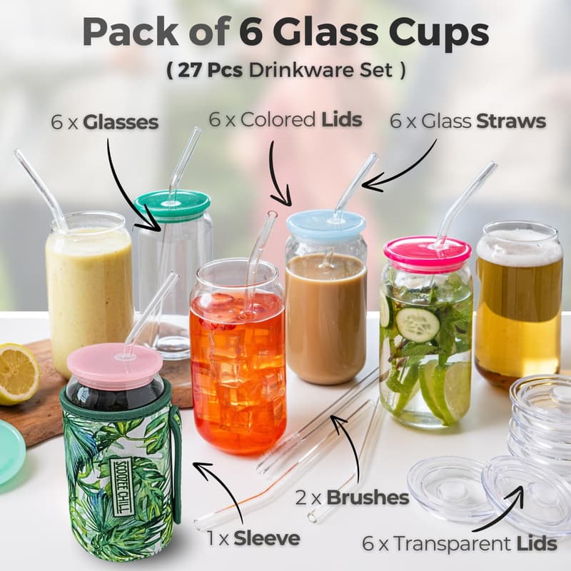 27-Pc Glass Cup Set with Lids & Straws – Ideal Housewarming Gift