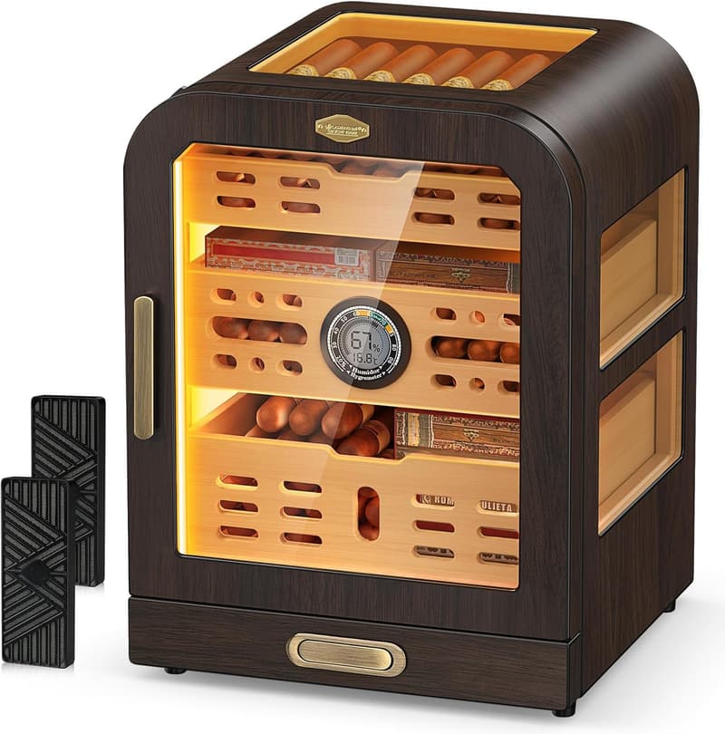 Cedar Wood Cigar Humidor with LED Light and Digital Thermometer