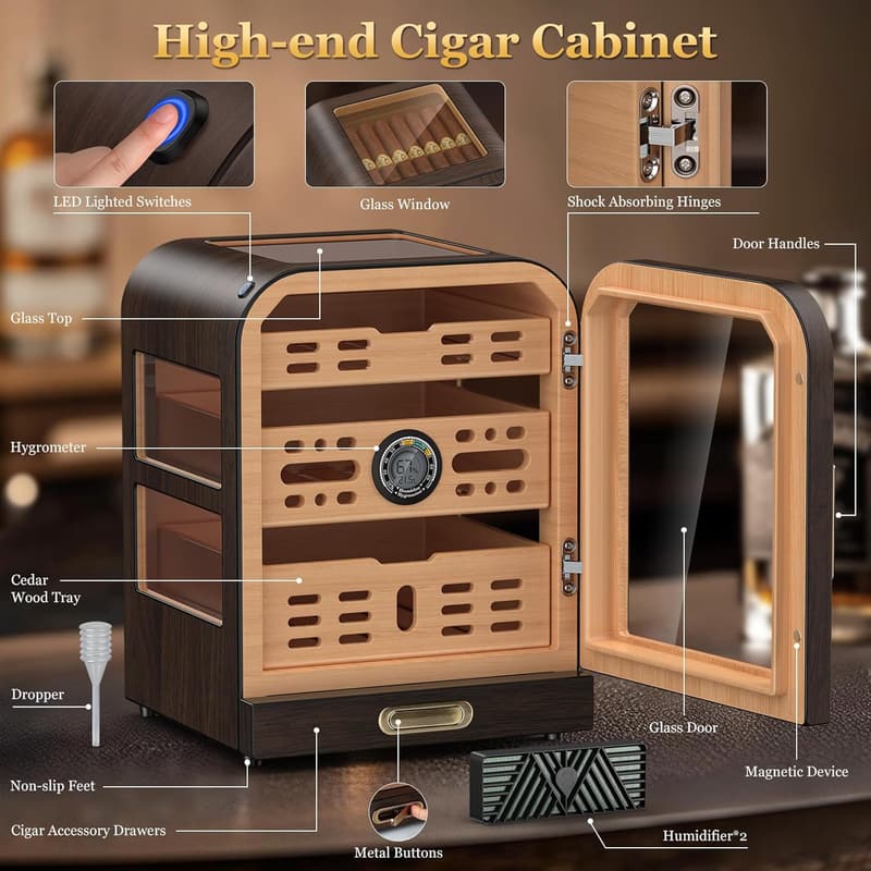 Cedar Wood Cigar Humidor with LED Light and Digital Thermometer