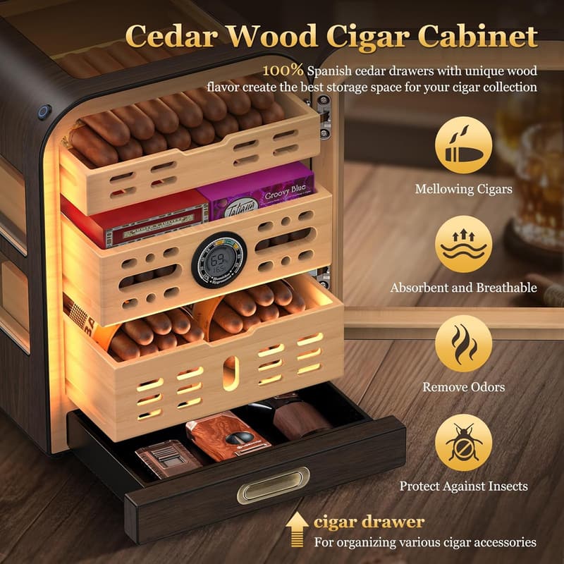 Cedar Wood Cigar Humidor with LED Light and Digital Thermometer