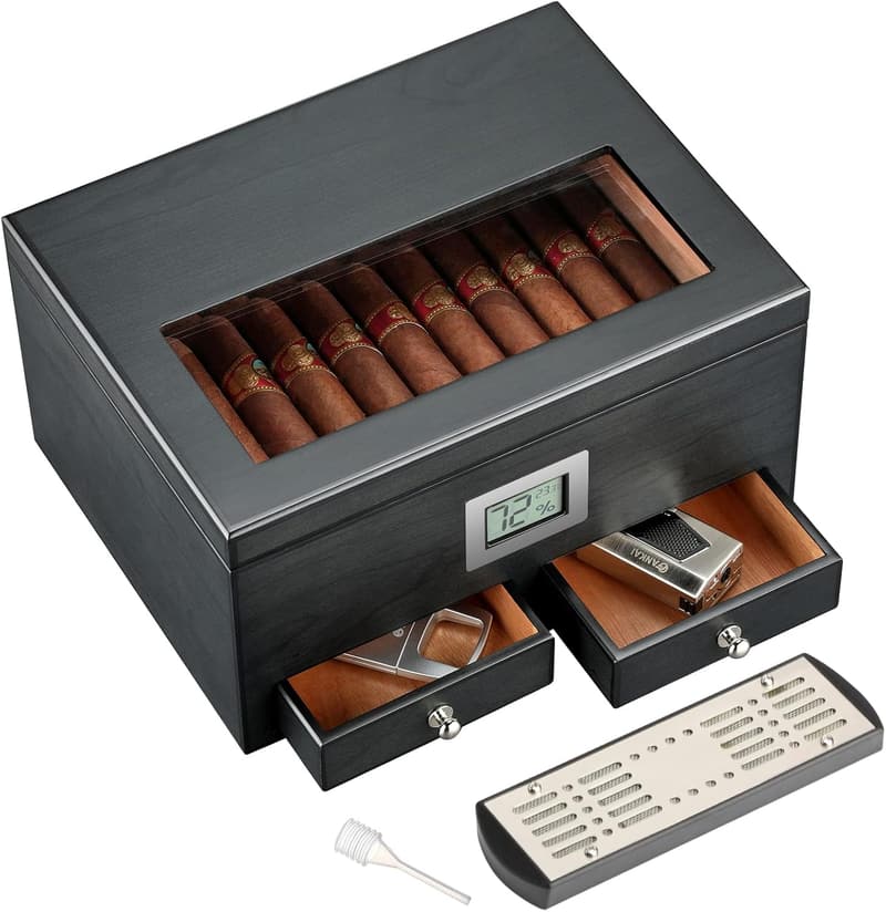 Cigar Humidor with Glass Top, Solid Cedar - Gift for Men