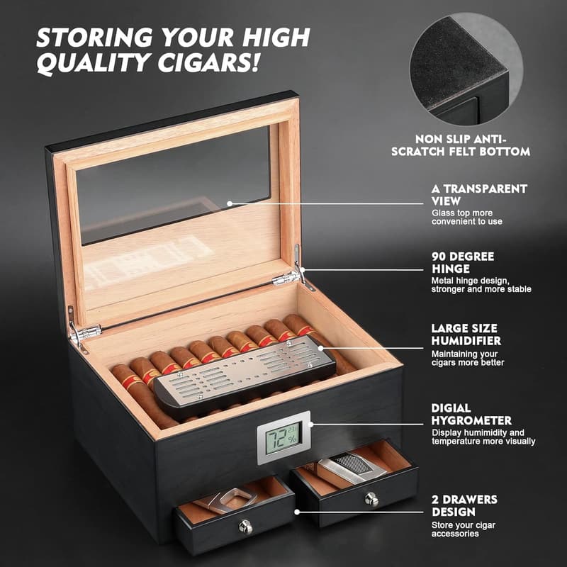 Cigar Humidor with Glass Top, Solid Cedar - Gift for Men