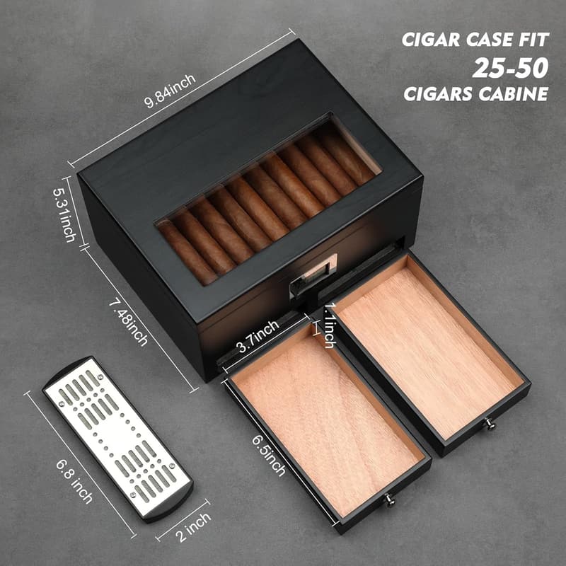 Cigar Humidor with Glass Top, Solid Cedar - Gift for Men