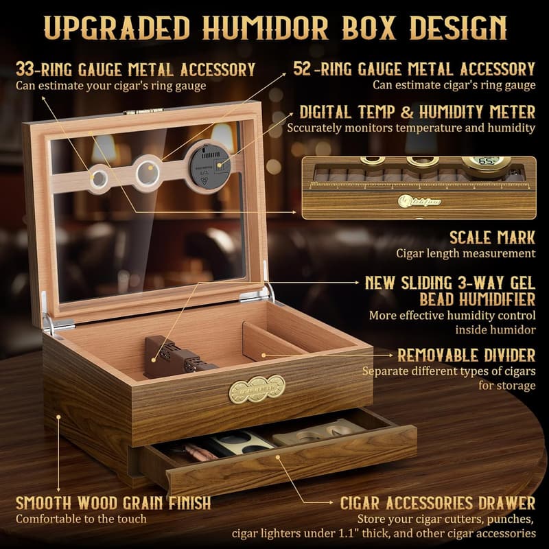 Desktop Cigar Humidor with Digital Hygrometer - Perfect Gift for Men