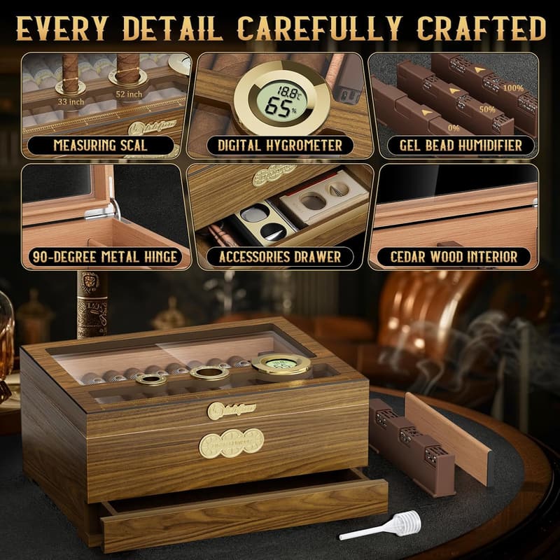Desktop Cigar Humidor with Digital Hygrometer - Perfect Gift for Men
