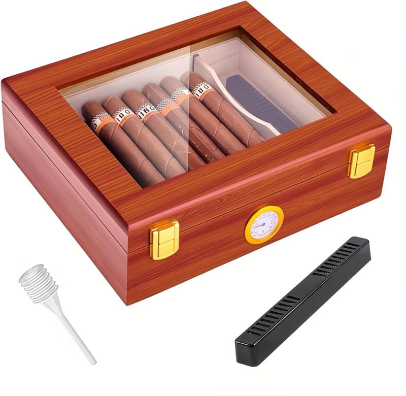 Cedar Desktop Cigar Humidor Box with Glass Top & Hygrometer