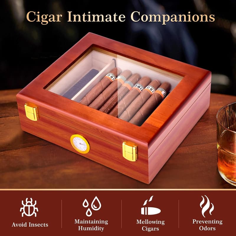 Cedar Desktop Cigar Humidor Box with Glass Top & Hygrometer