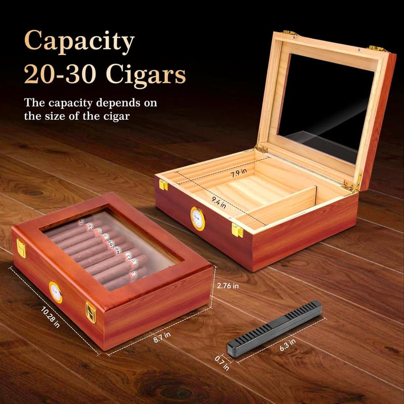 Cedar Desktop Cigar Humidor Box with Glass Top & Hygrometer