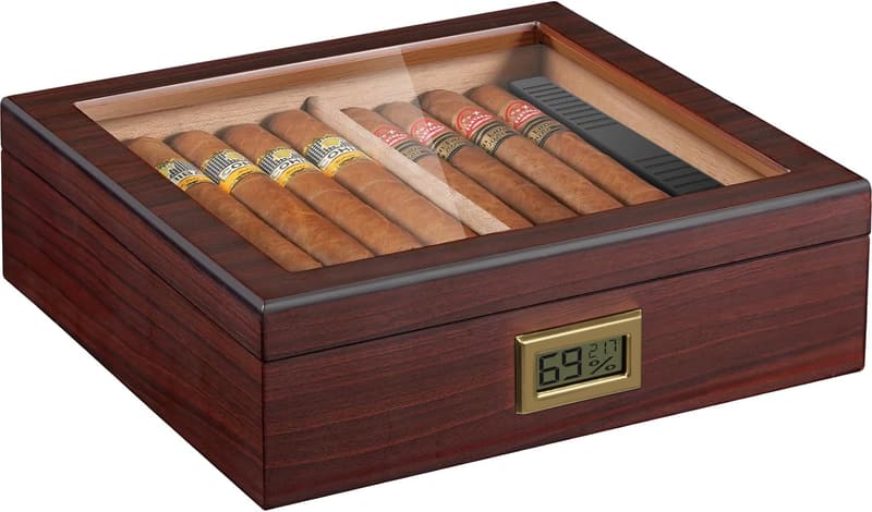 Spanish Cedar Cigar Humidor with Digital Hygrometer, Holds 40-60 Cigars