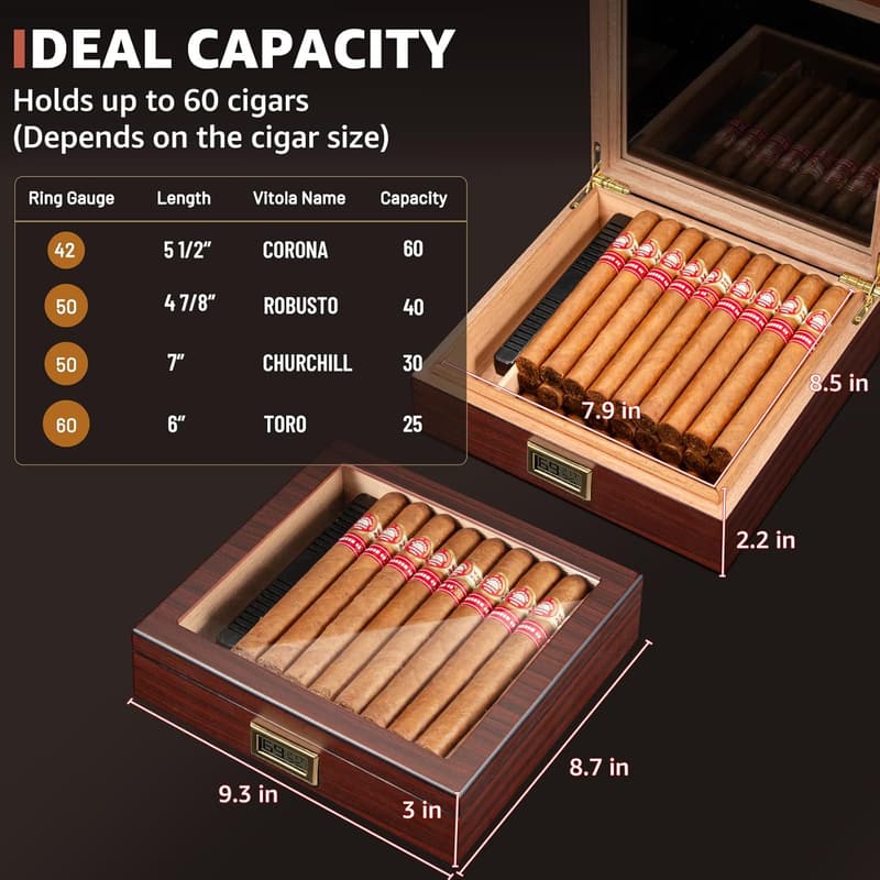 Spanish Cedar Cigar Humidor with Digital Hygrometer, Holds 40-60 Cigars