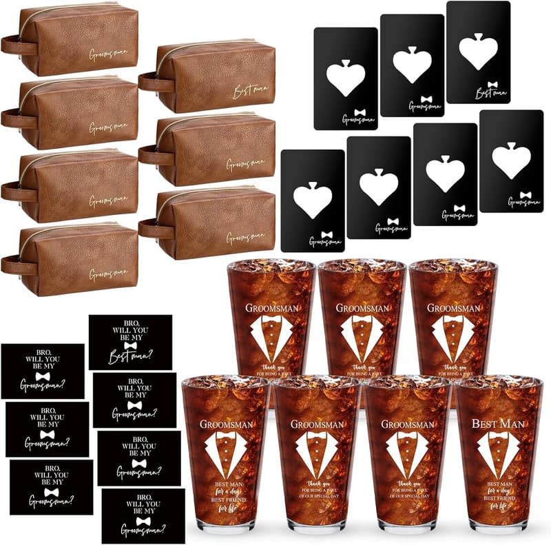 Bachelor Party Groomsmen Gift Set: Beer Glass, Toiletry Bag & Card