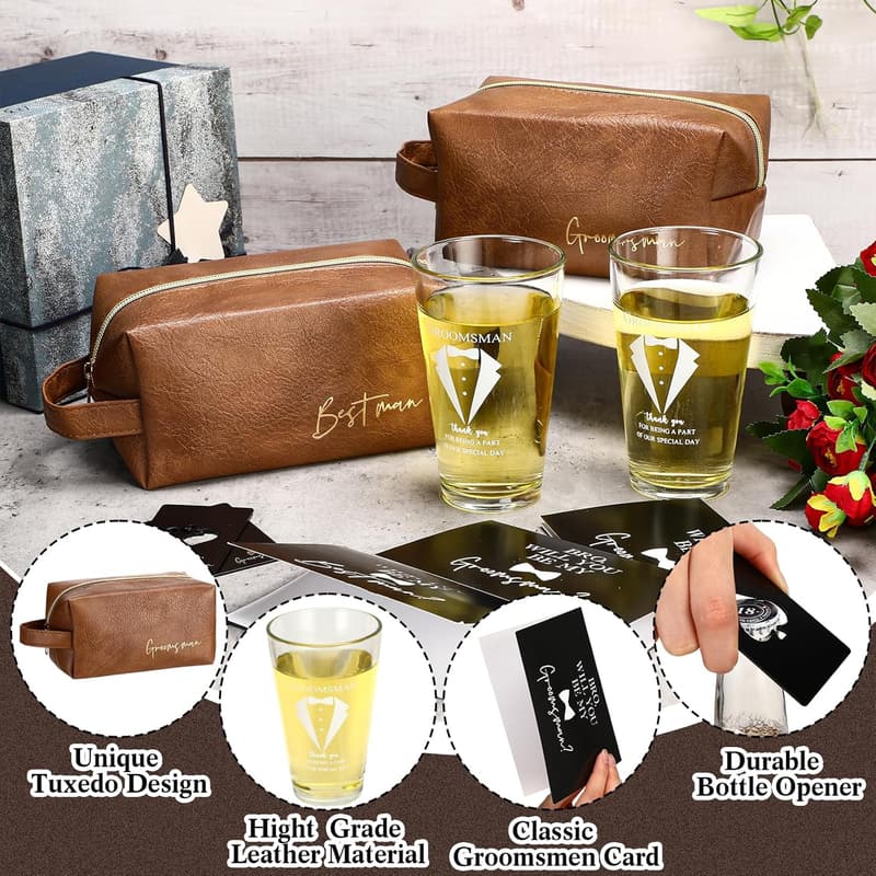 Bachelor Party Groomsmen Gift Set: Beer Glass, Toiletry Bag & Card