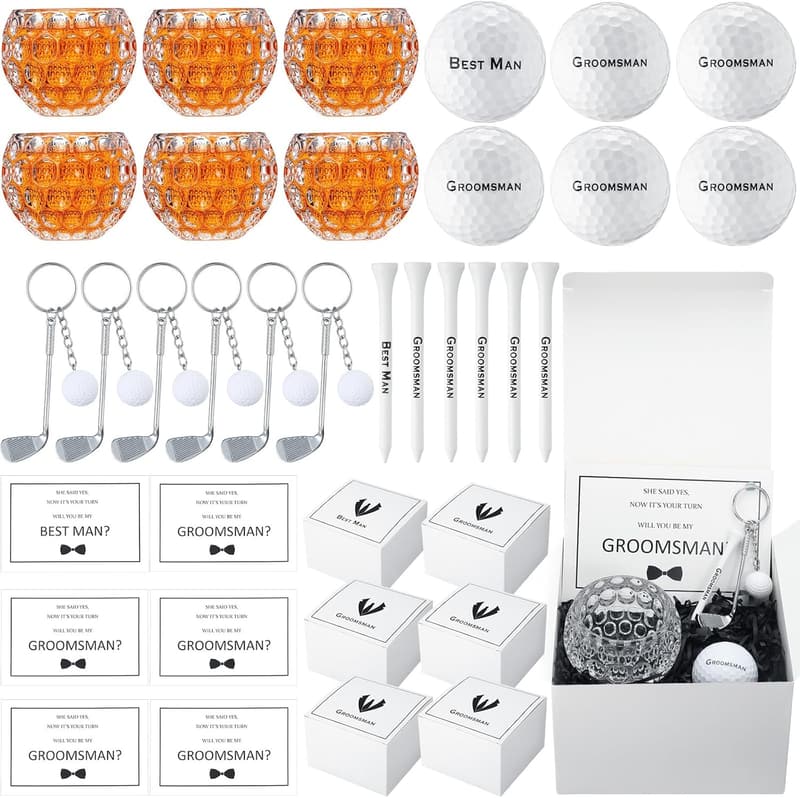 Groomsman Gift Set: Golf Ball, Keychain & Whiskey Glass
