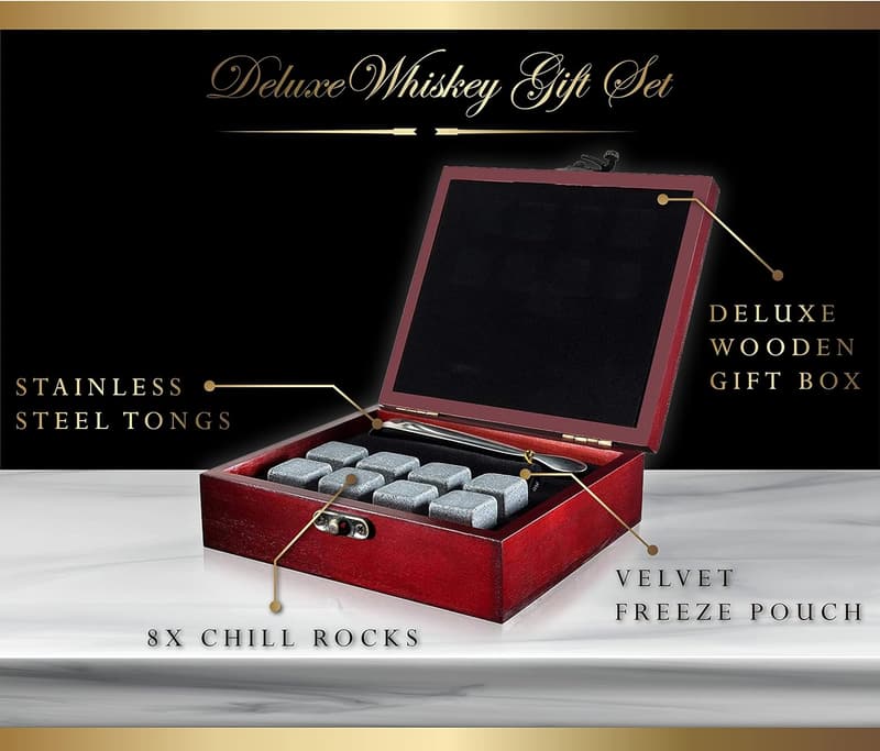 Premium Whiskey Chilling Stones Gift Set in Wooden Box