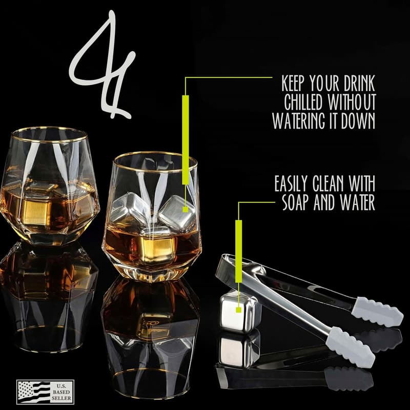 Reusable Stainless Steel Whiskey Chiller Stones Set with Tongs