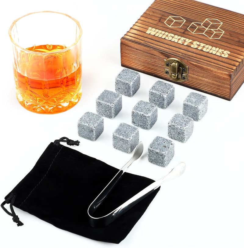 Whiskey Stones Gift Set - 9 Natural Granite Chilling Rocks for Men