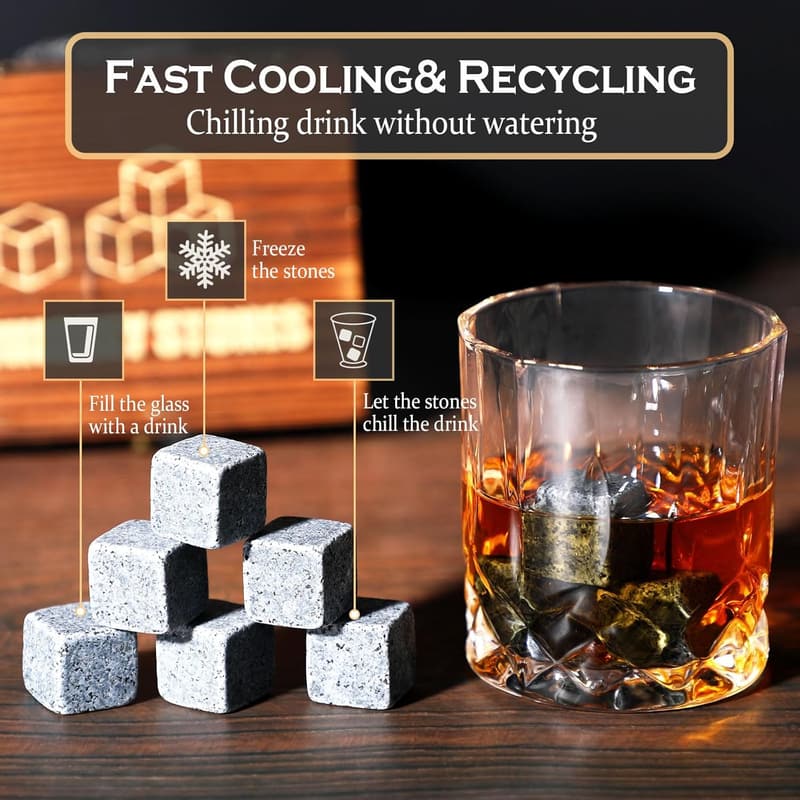 Whiskey Stones Gift Set - 9 Natural Granite Chilling Rocks for Men
