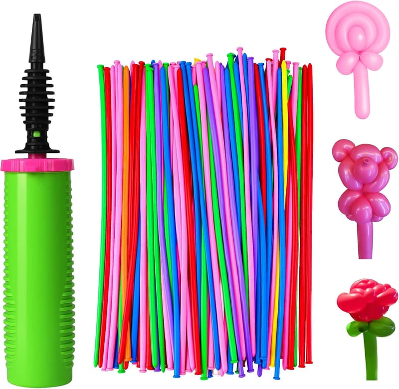 Professional 100-Piece Assorted Twisting Balloons with Hand Pump for Parties