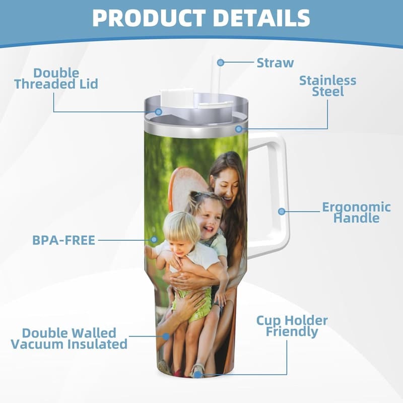 Customized 40 Oz Stainless Steel Photo Tumbler - Birthday Gift for All
