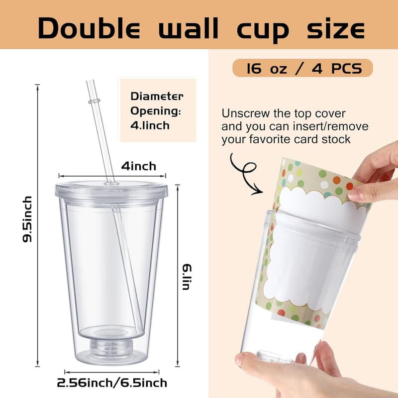 Personalized Acrylic Tumblers with Straw - 16 oz, Set of 4